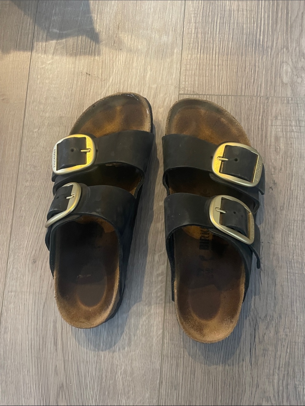 Womens Black Double-Buckle Slide Sandals with Gold Buckles